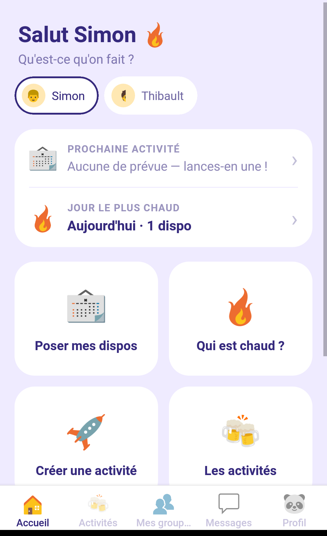 Écran Accueil : tableau de bord avec prochaine activité, jour le plus chaud et raccourcis