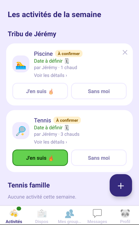 Écran Activités de la semaine, regroupées par bande