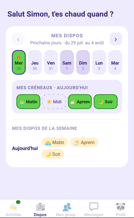 Écran Dispos : sélection des créneaux matin, aprem et soir