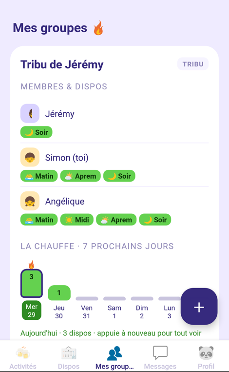 Écran Mes groupes : membres, dispos et graphe de chauffe