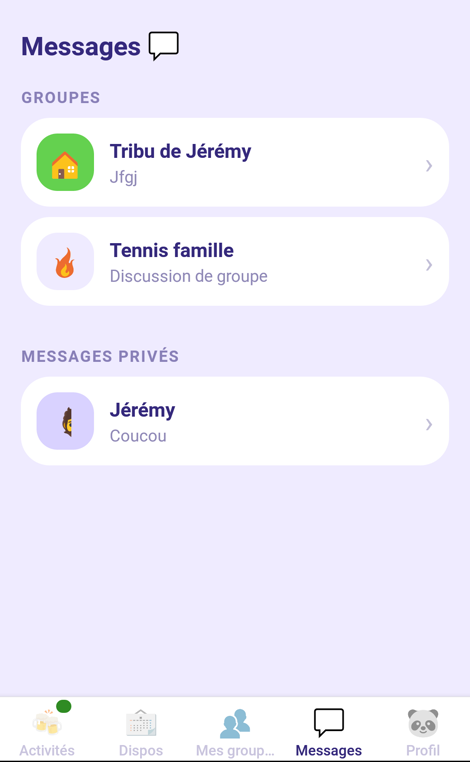 Liste des conversations : groupes et messages privés