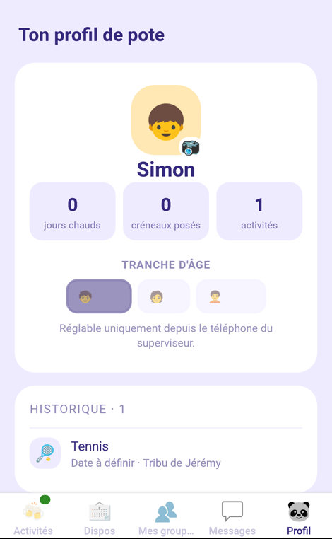 Écran Profil avec la carte « Ma tribu » où l'on ajoute un enfant