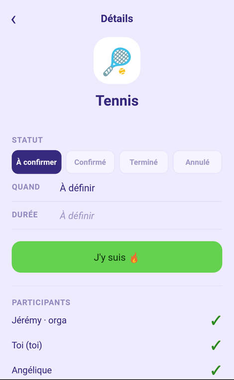 Détail d'une activité : statut, participants et bouton confirmer