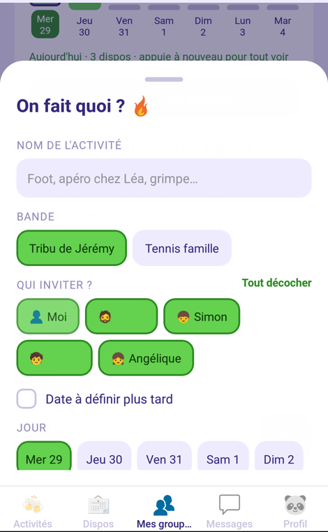 Feuille Lancer une activité : nom, bande, invités et jour