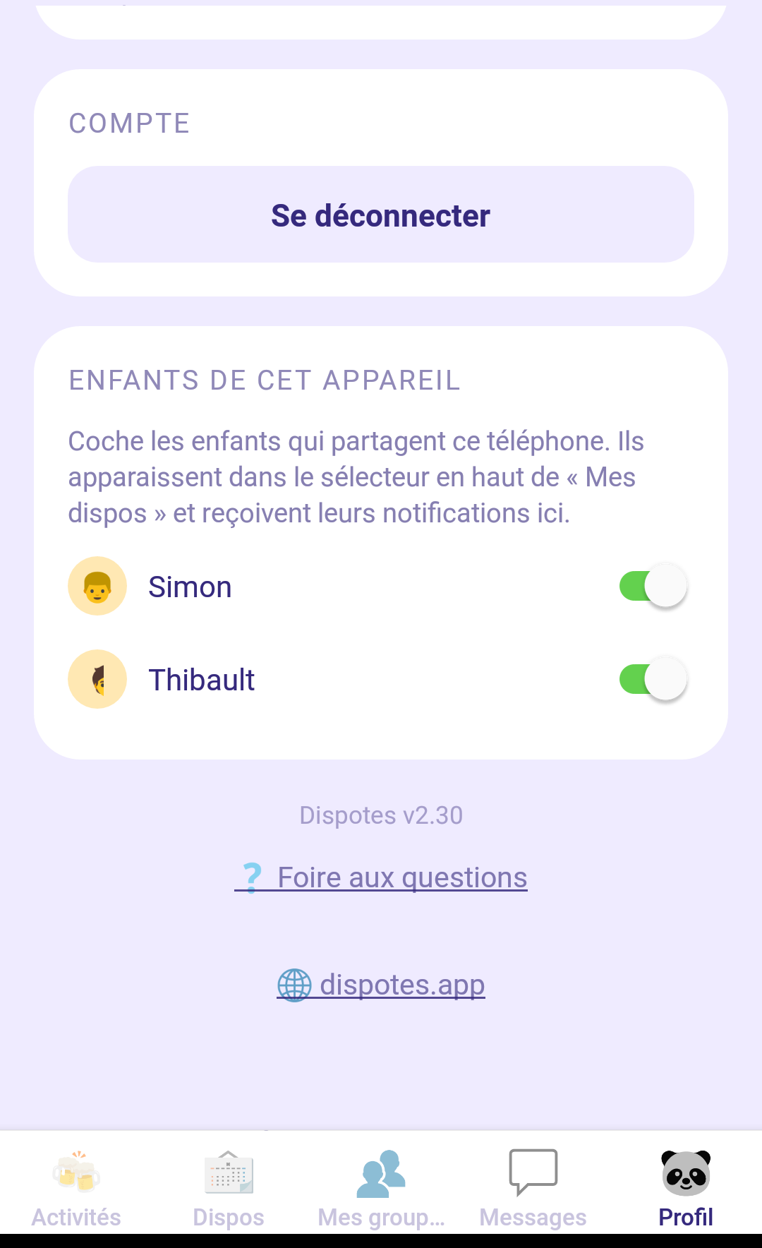 Profil : section « Enfants de cet appareil » avec Simon et Thibault activés