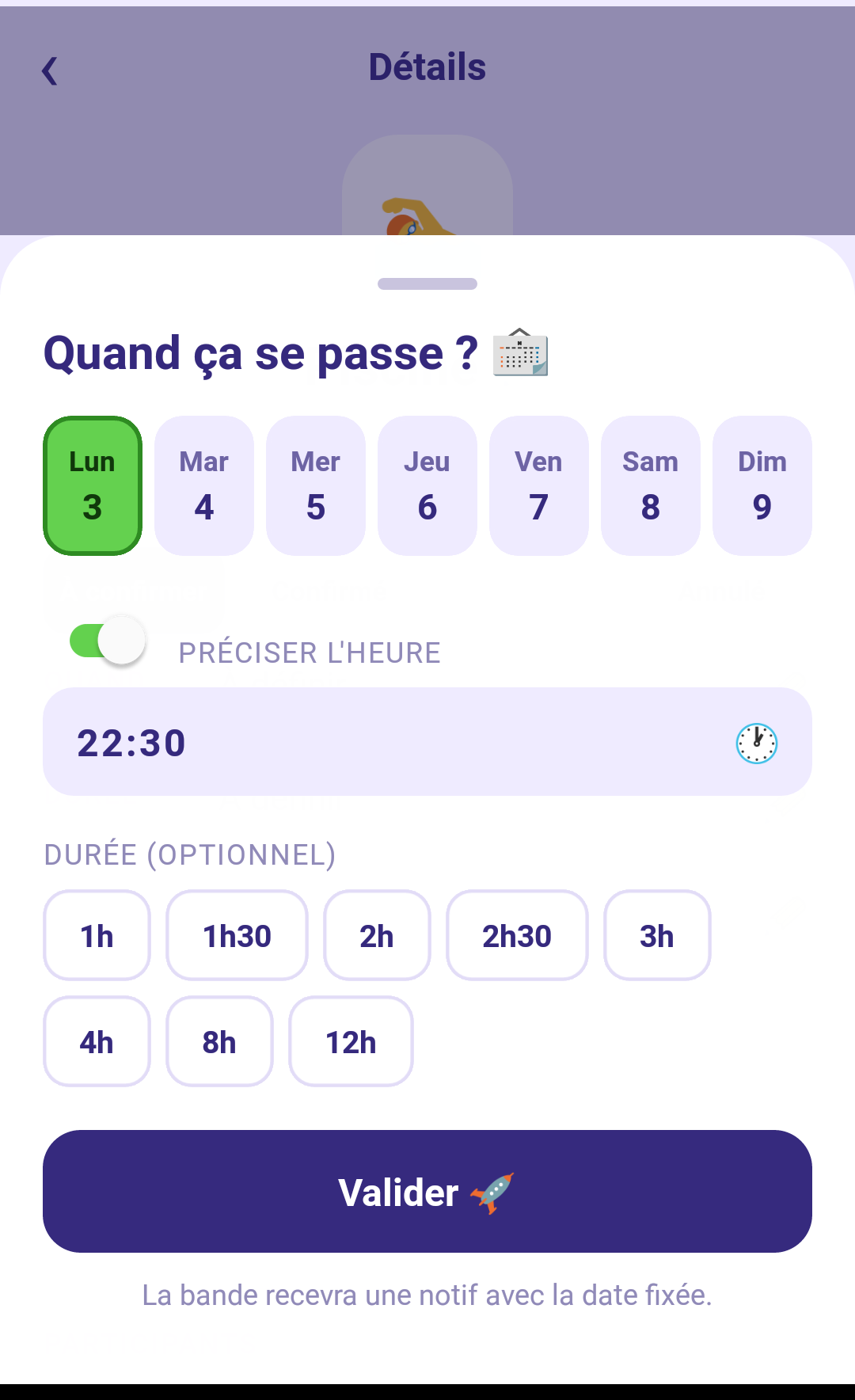 Feuille « Quand ça se passe » : 7 jours glissants, interrupteur Préciser l'heure, heure et durée