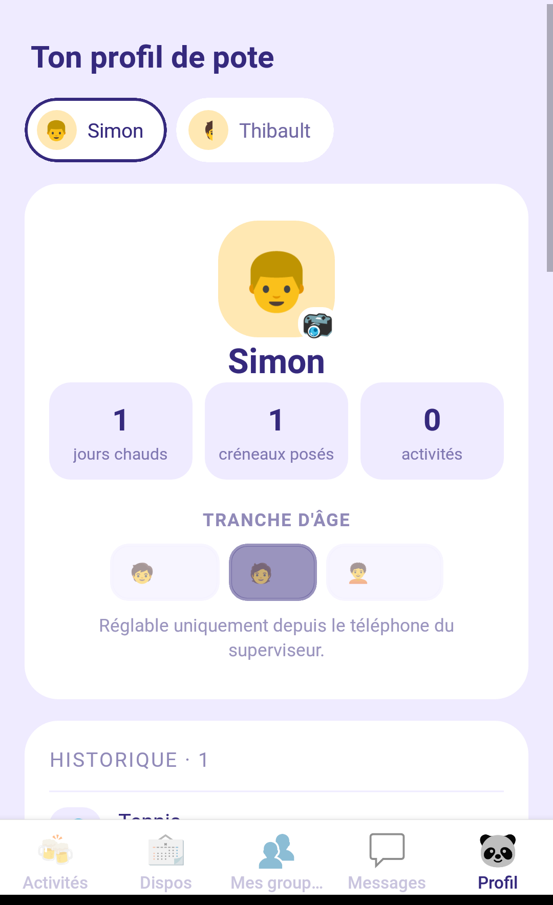 Profil d'un enfant : tranche d'âge en lecture seule, réglable depuis le téléphone du superviseur